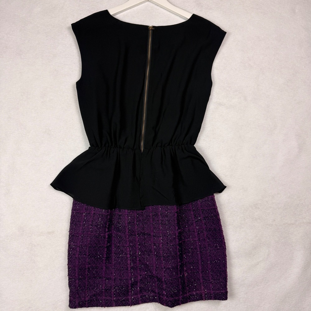 Sunday in Brooklyn Black Peplum Dress Purple Tweed Skirt Sheath Sz M Sleeveless - Picture 2 of 9